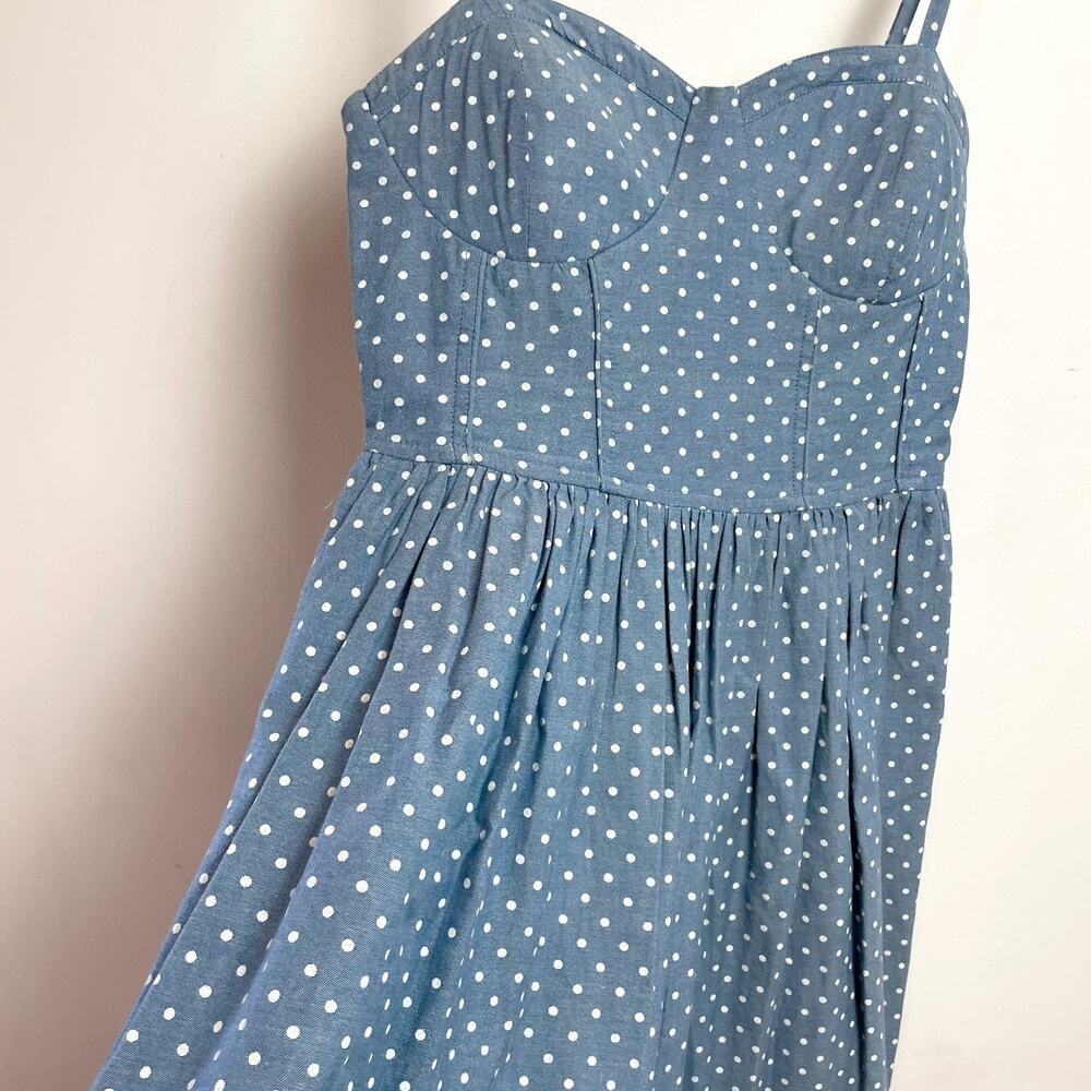 Polka Dot Denim Chambray Mini Dress Medium Bustier Indie Sleaze Feminine Retro - Picture 2 of 7